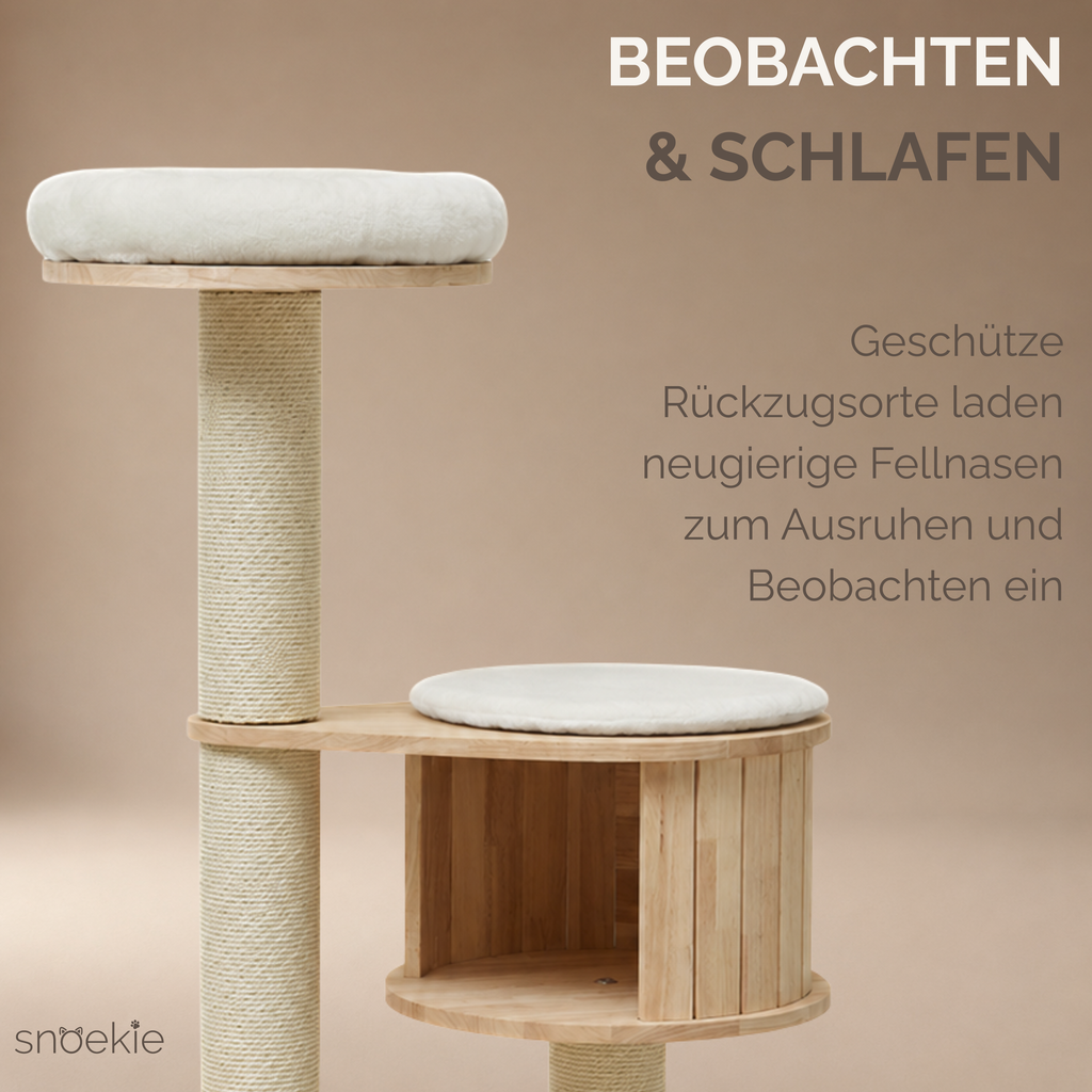 "Lola" - Kompakter, moderner Kratzbaum mit Acryl-Hängeschale und Holzkubus