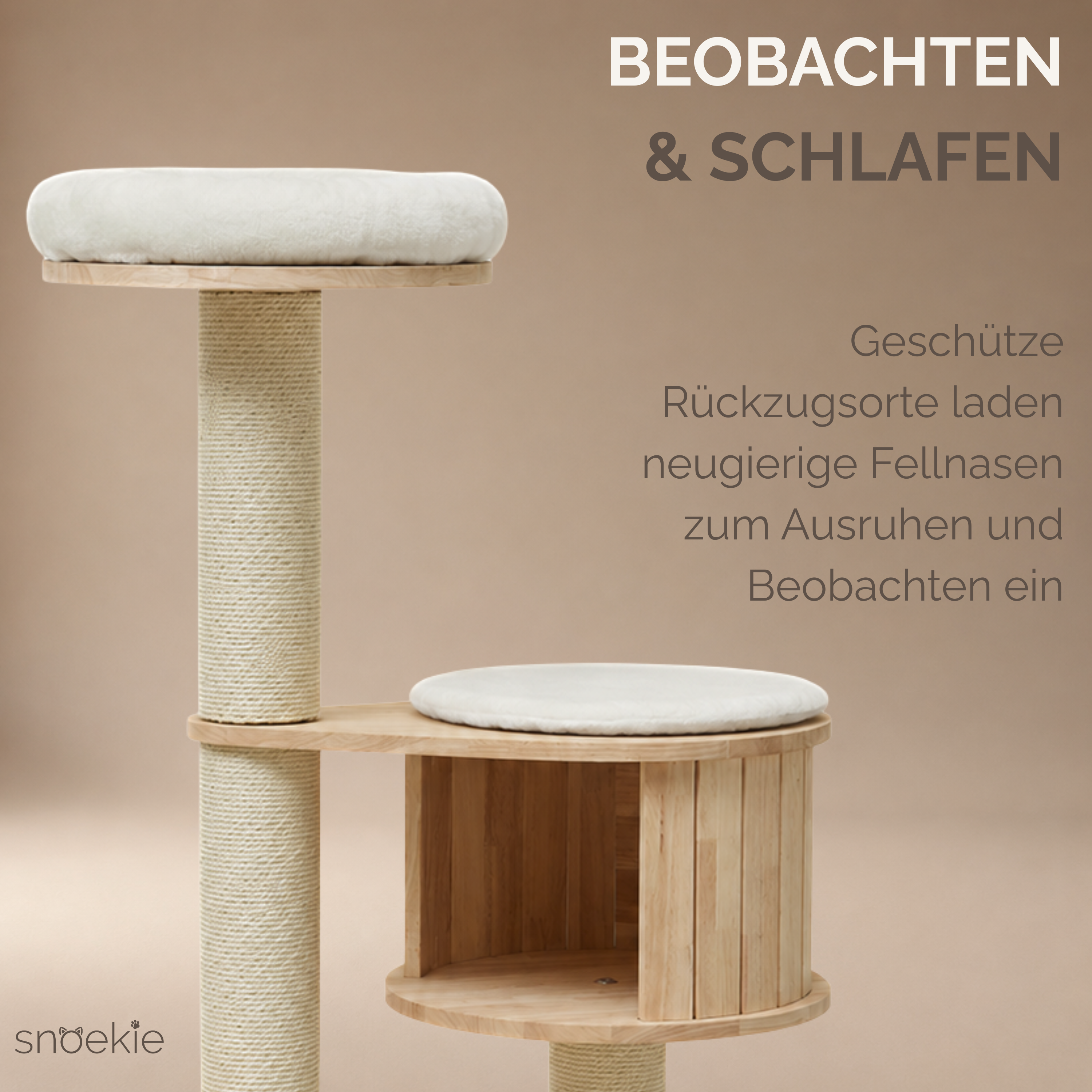 "Lola" - Kompakter, moderner Kratzbaum mit Acryl-Hängeschale und Holzkubus
