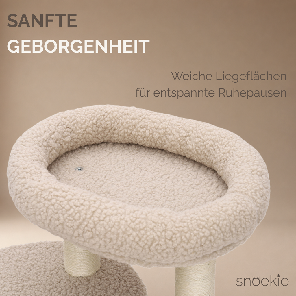 "Cookie" - Kratzbaum mit zwei Höhlen, Katzenbett & Plüschbälle