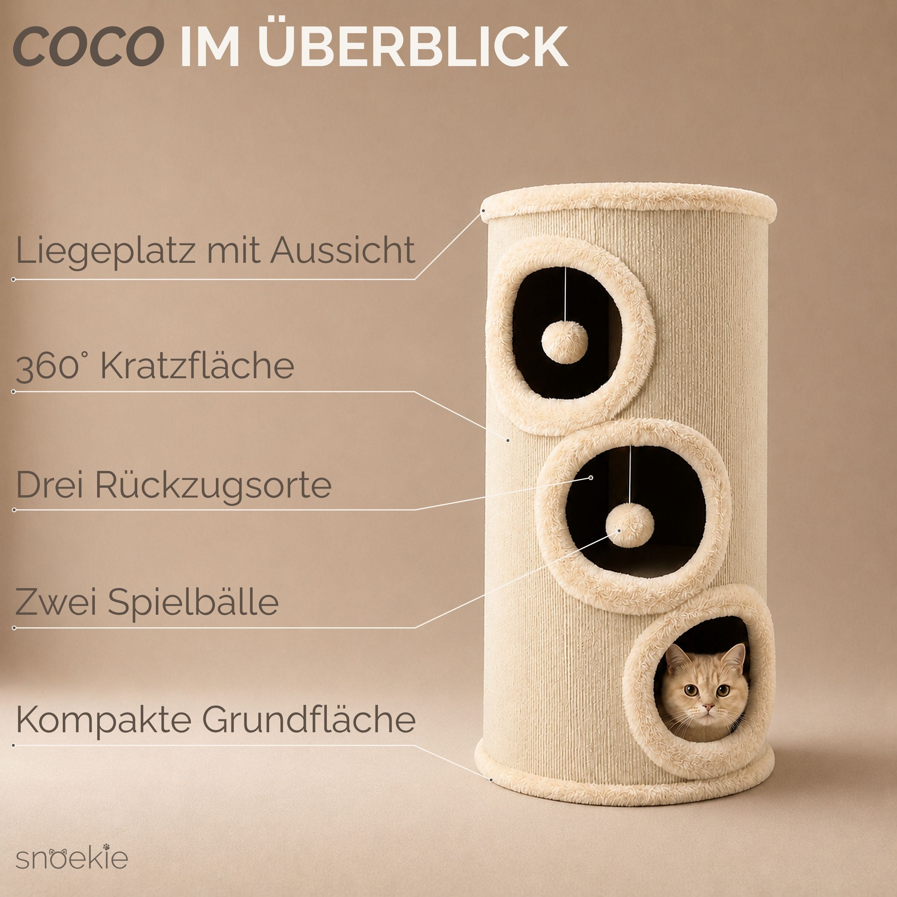 "Coco" - Kratzturm mit drei Höhlen & Plüschbällen