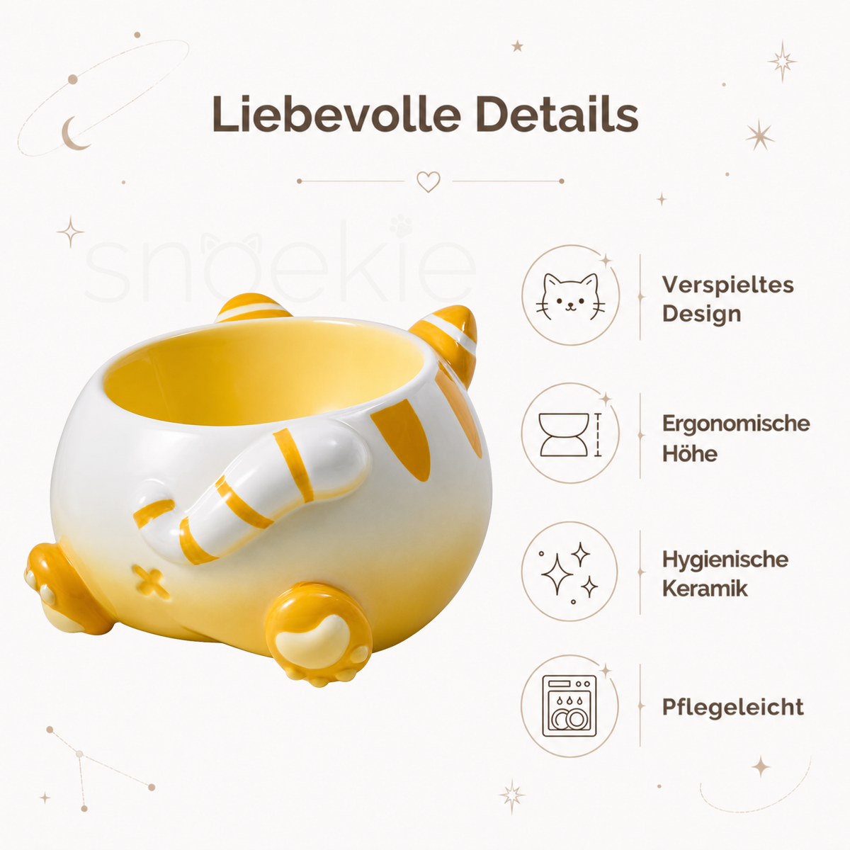 Keramik Katzennapf mit Katzenohren, Pfoten und Schwanz – Erhöhtes ergonomisches Design