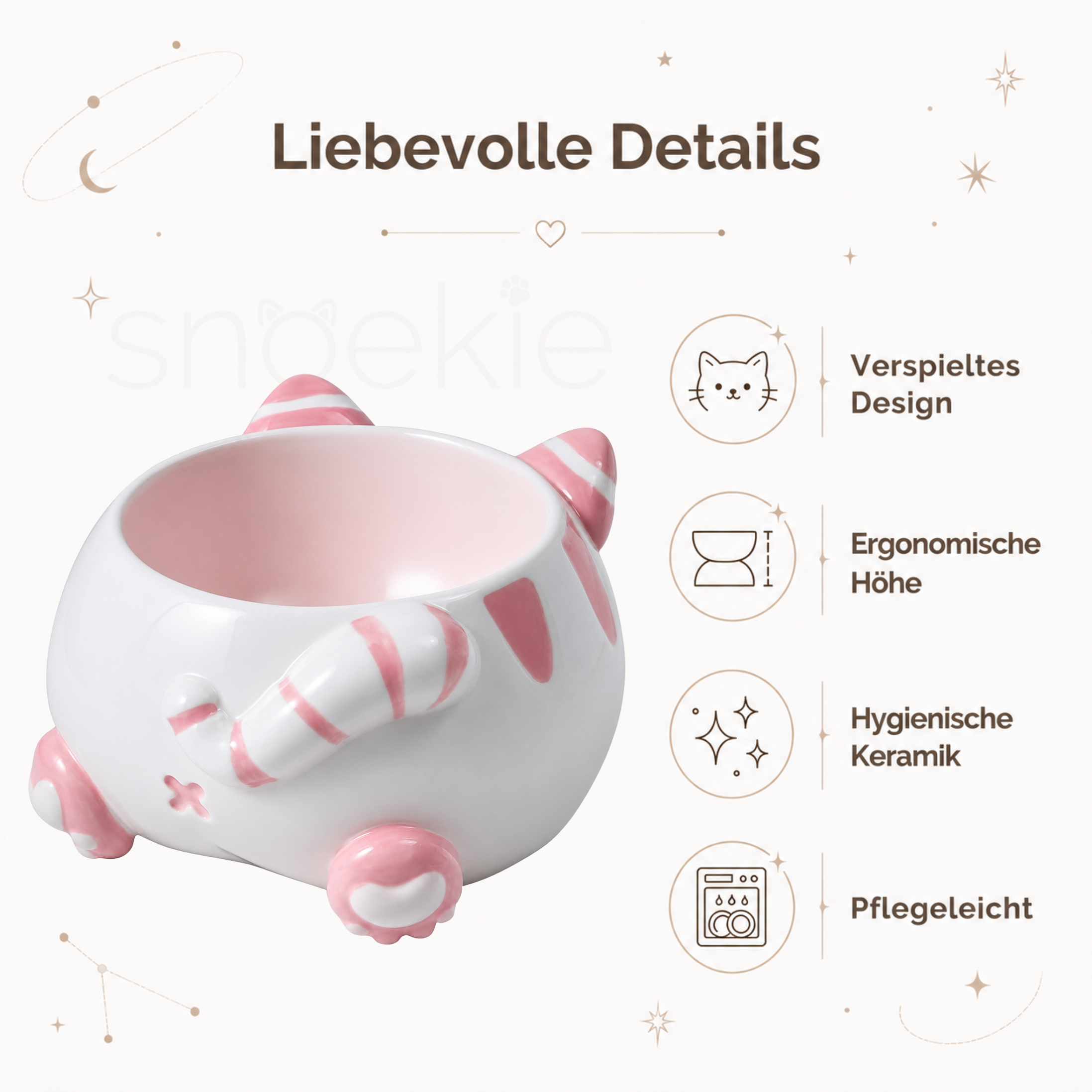 Keramik Katzennapf mit Katzenohren, Pfoten und Schwanz – Erhöhtes ergonomisches Design