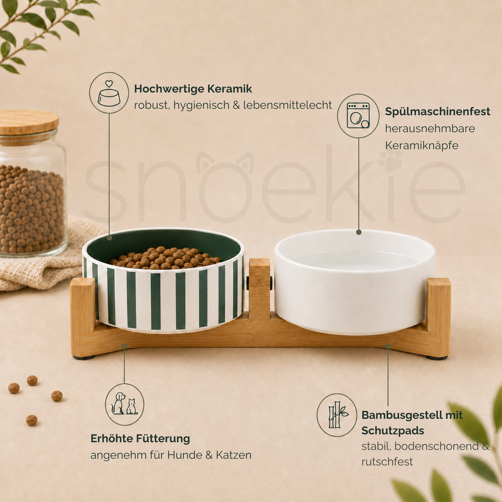 Doppelnapf-Set aus Porzellan mit Bambus-Ständer "Stripes"