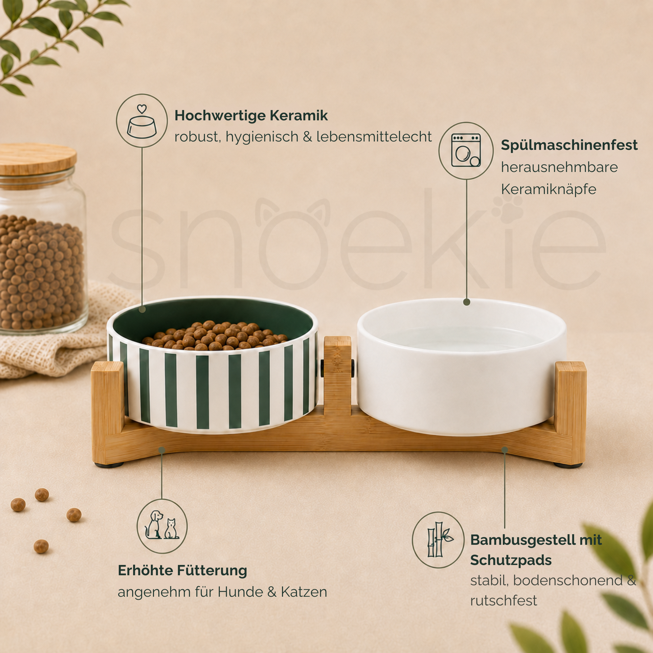 Doppelnapf-Set aus Porzellan mit Bambus-Ständer "Stripes"