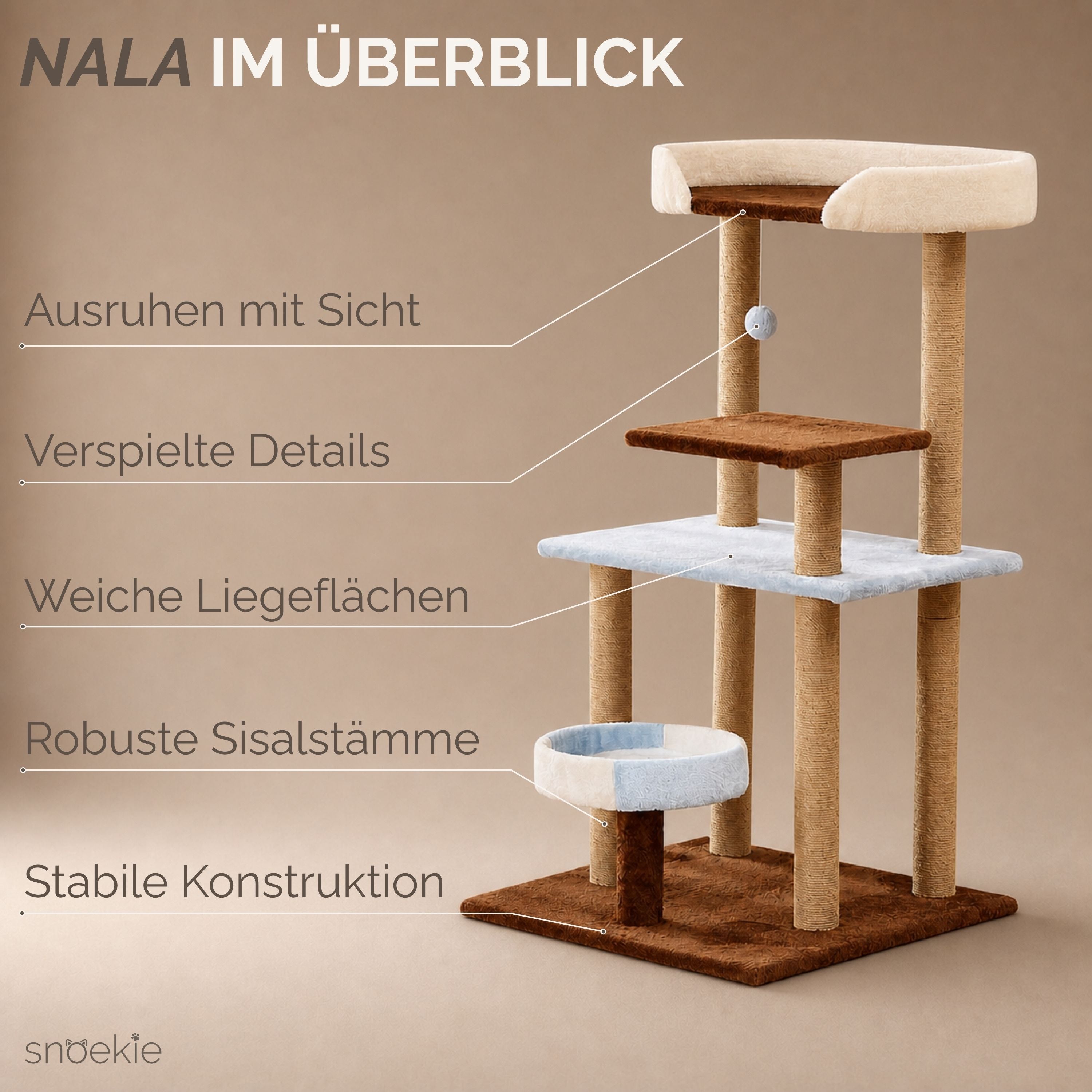 "Nala" - Mehr-Ebenen-Kratzbaum mit braunen & blauen Plüsch-Elementen