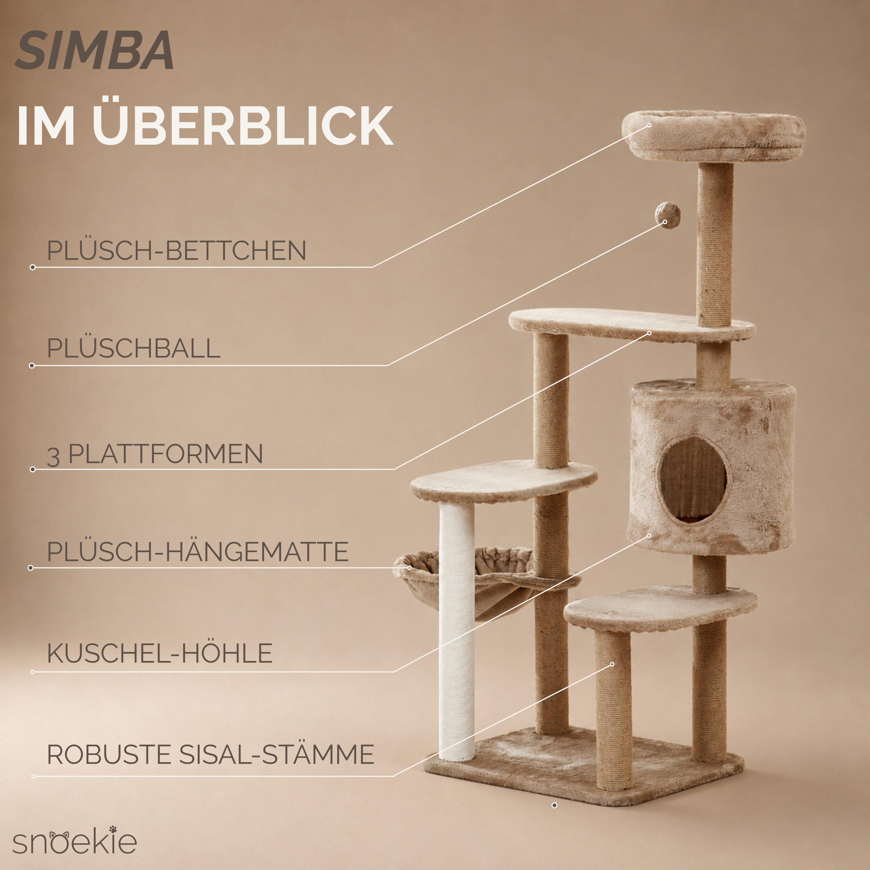 "Simba" - Vielseitiger Kratzbaum mit Kuschelhöhle und Hängemulde