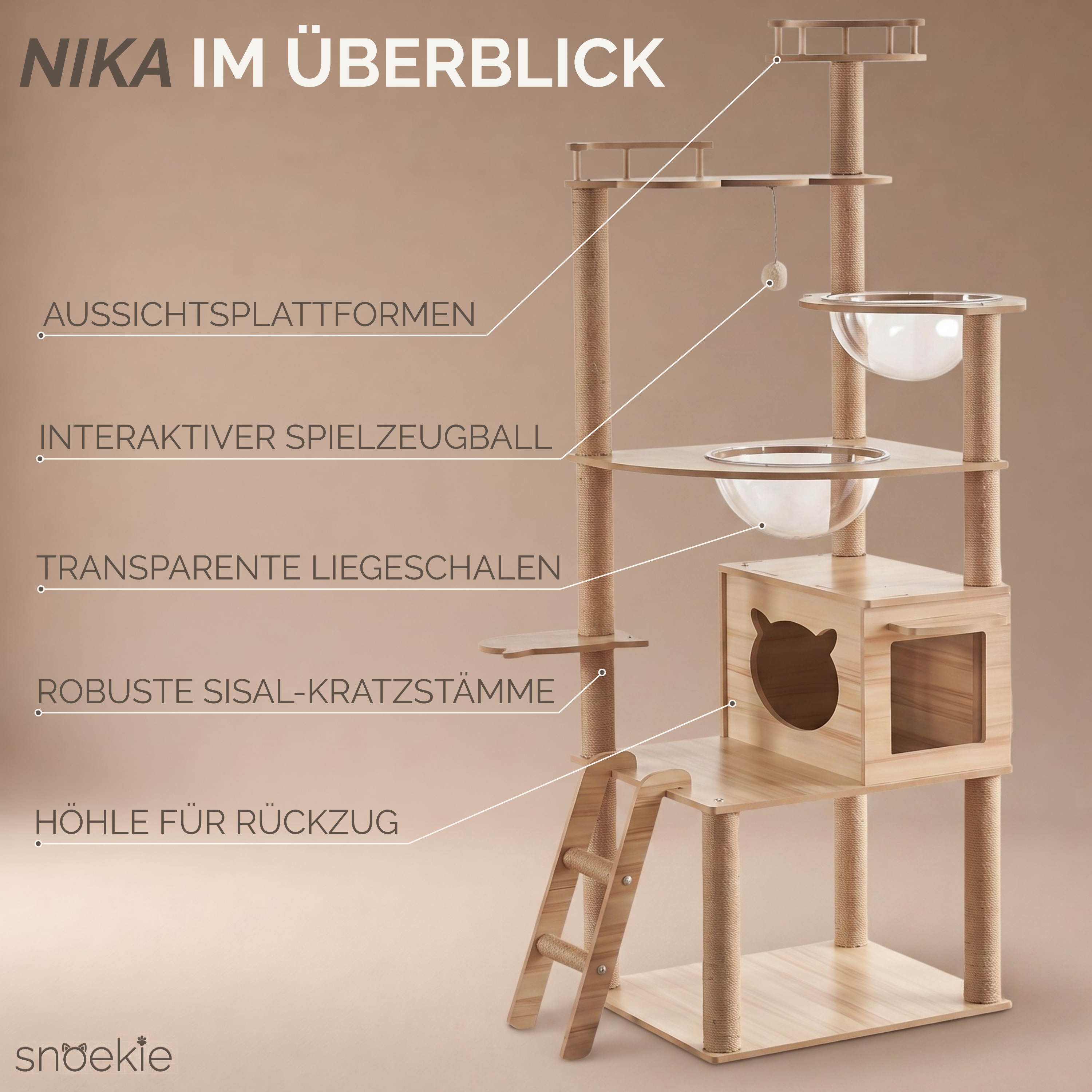 "Nika" - Kratzbaum mit Katzenhaus, Acryl-Körben & Kletterleiter