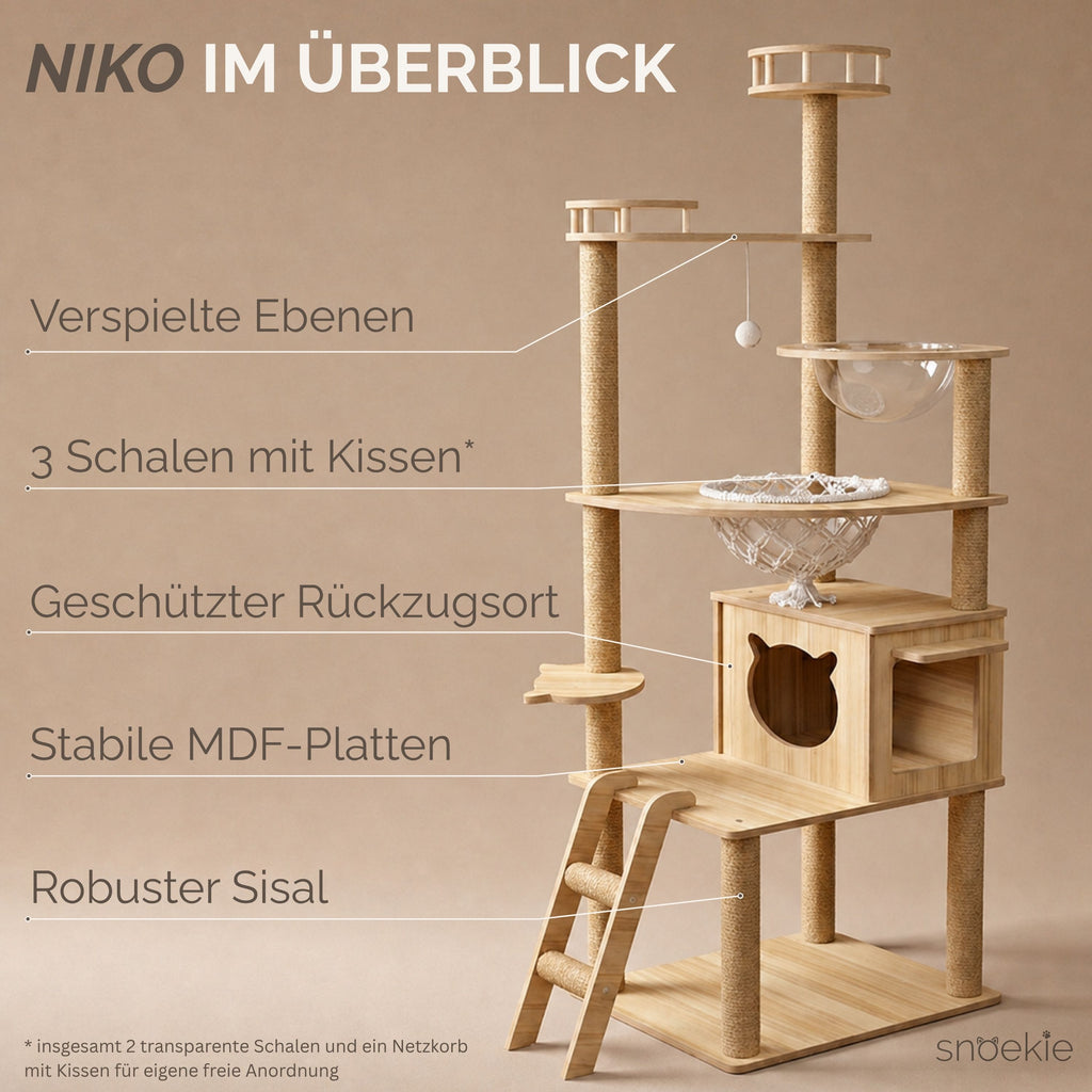 "Niko" - Kratzbaum mit Katzenhaus, Makramee & Acryl-Körben & Kletterleiter