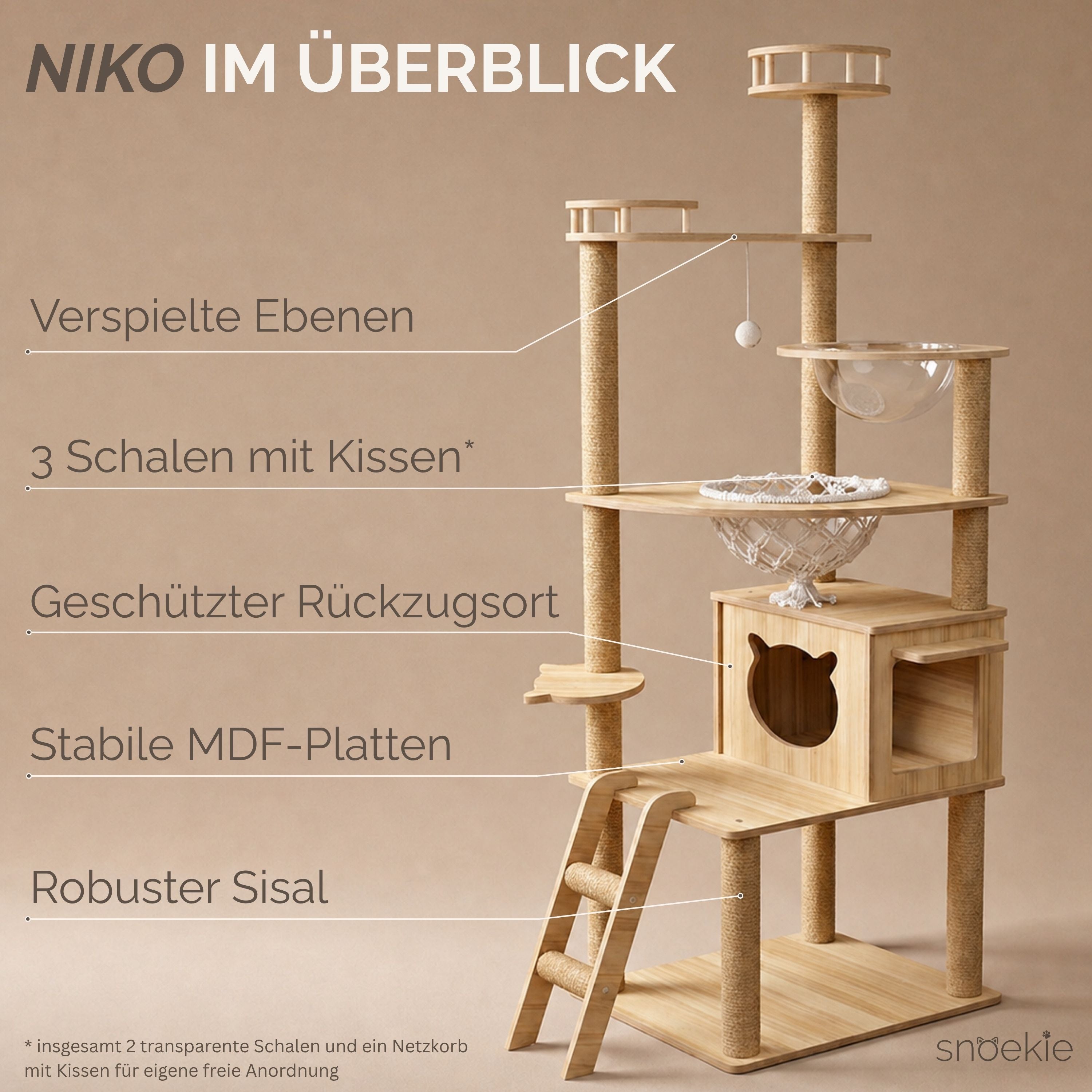 "Niko" - Kratzbaum mit Katzenhaus, Makramee & Acryl-Körben & Kletterleiter