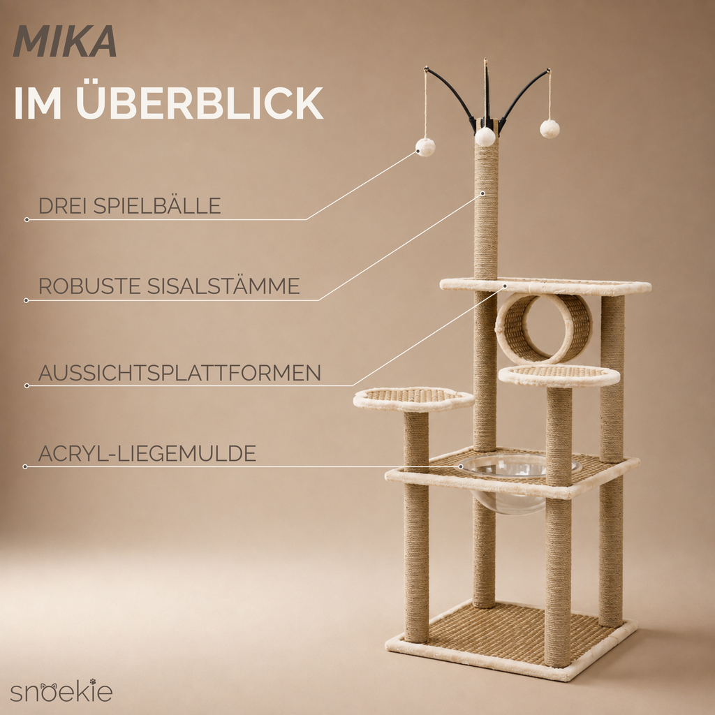 "Mika" - Kratzbaum mit transparenter Acryl-Liegemulde, Spielbällen & Tunnel