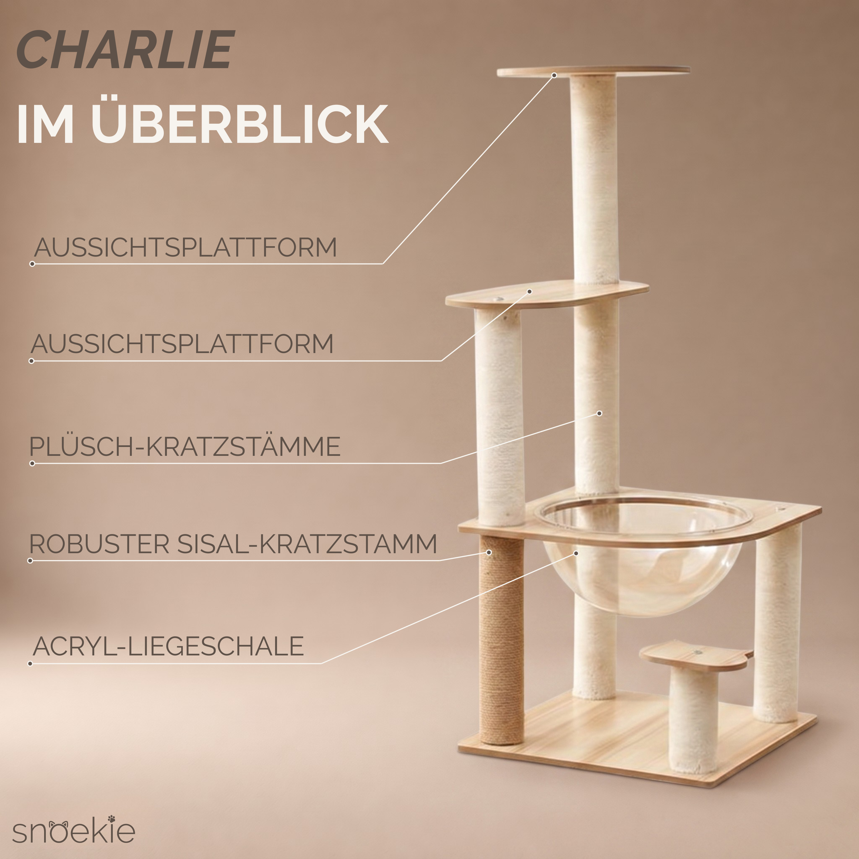 "Charlie" - Kompakter 4-Ebenen-Kratzbaum mit Acryl-Aussichtskorb
