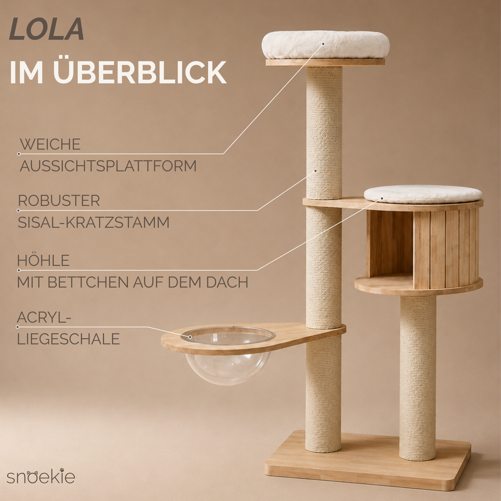 "Lola" - Kompakter, moderner Kratzbaum mit Acryl-Hängeschale und Holzkubus