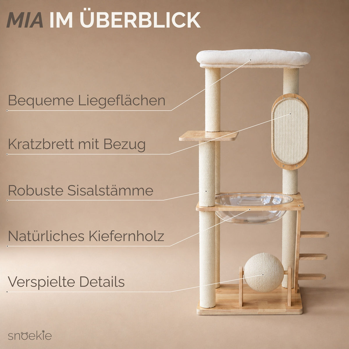 "Mia" - Katzenbaum mit transparenter Liegeschale, Kratzbrett & gepolsterter Liegefläche