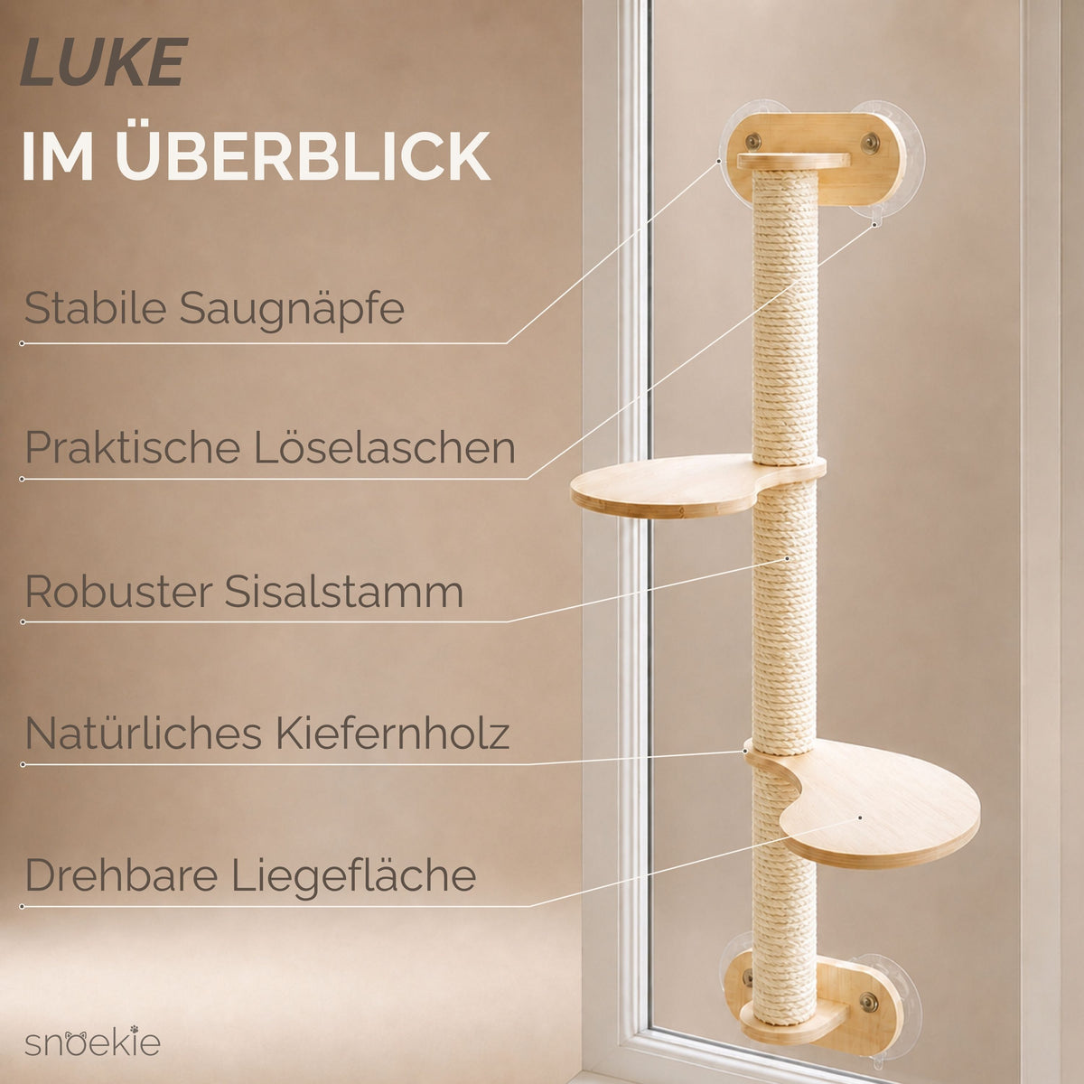"Luke" - Fensterkratzbaum mit 2 Liegeflächen, aus Sisal & Kiefernholz – Saugnapfmontage ohne Bohren