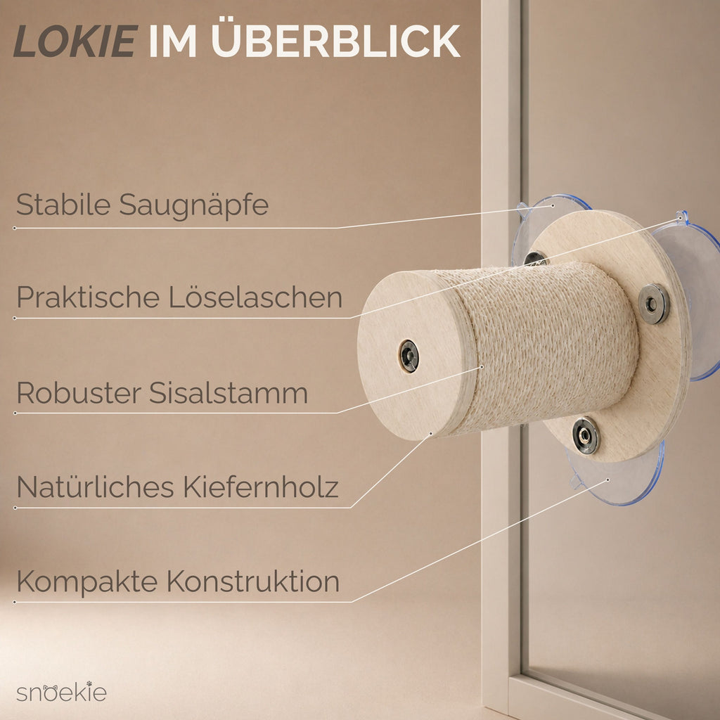"Lokie" - Fenster-Kratzstamm für Katzen aus Sisal & Kiefernholz mit 3 großen Saugnäpfen