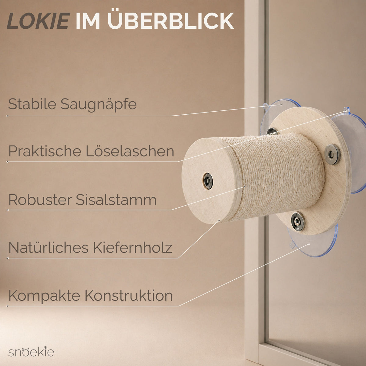 "Lokie" - Fenster-Kratzstamm für Katzen aus Sisal & Kiefernholz mit 3 großen Saugnäpfen