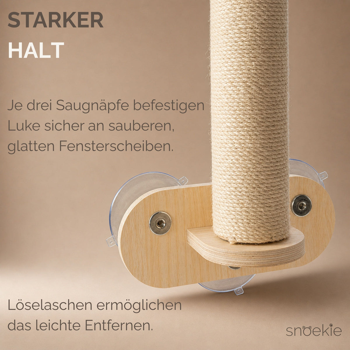 "Luke" - Fensterkratzbaum mit 2 Liegeflächen, aus Sisal & Kiefernholz – Saugnapfmontage ohne Bohren