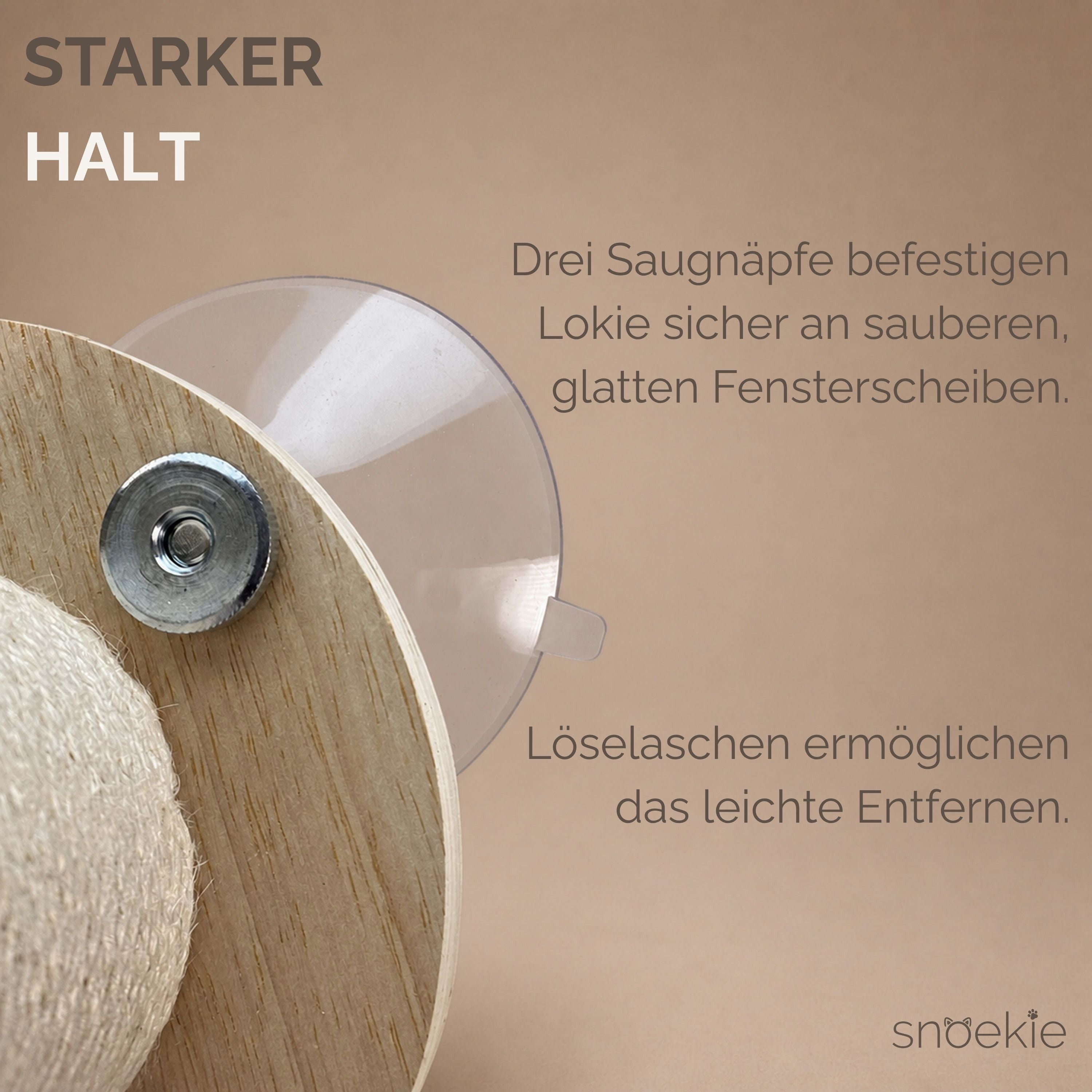 "Lokie" - Fenster-Kratzstamm für Katzen aus Sisal & Kiefernholz mit 3 großen Saugnäpfen