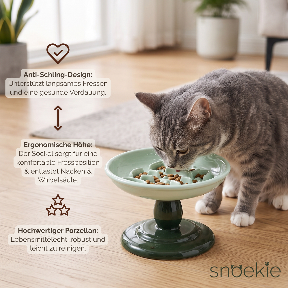 Erhöhter Keramiknapf - mit Anti-Schling-Design als Katzenmotiv