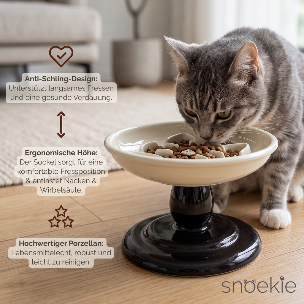Erhöhter Keramiknapf - mit Anti-Schling-Design als Katzenmotiv