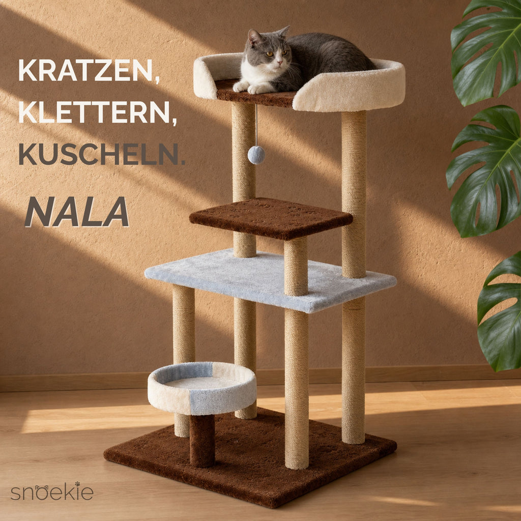 "Nala" - Mehr-Ebenen-Kratzbaum mit braunen & blauen Plüsch-Elementen