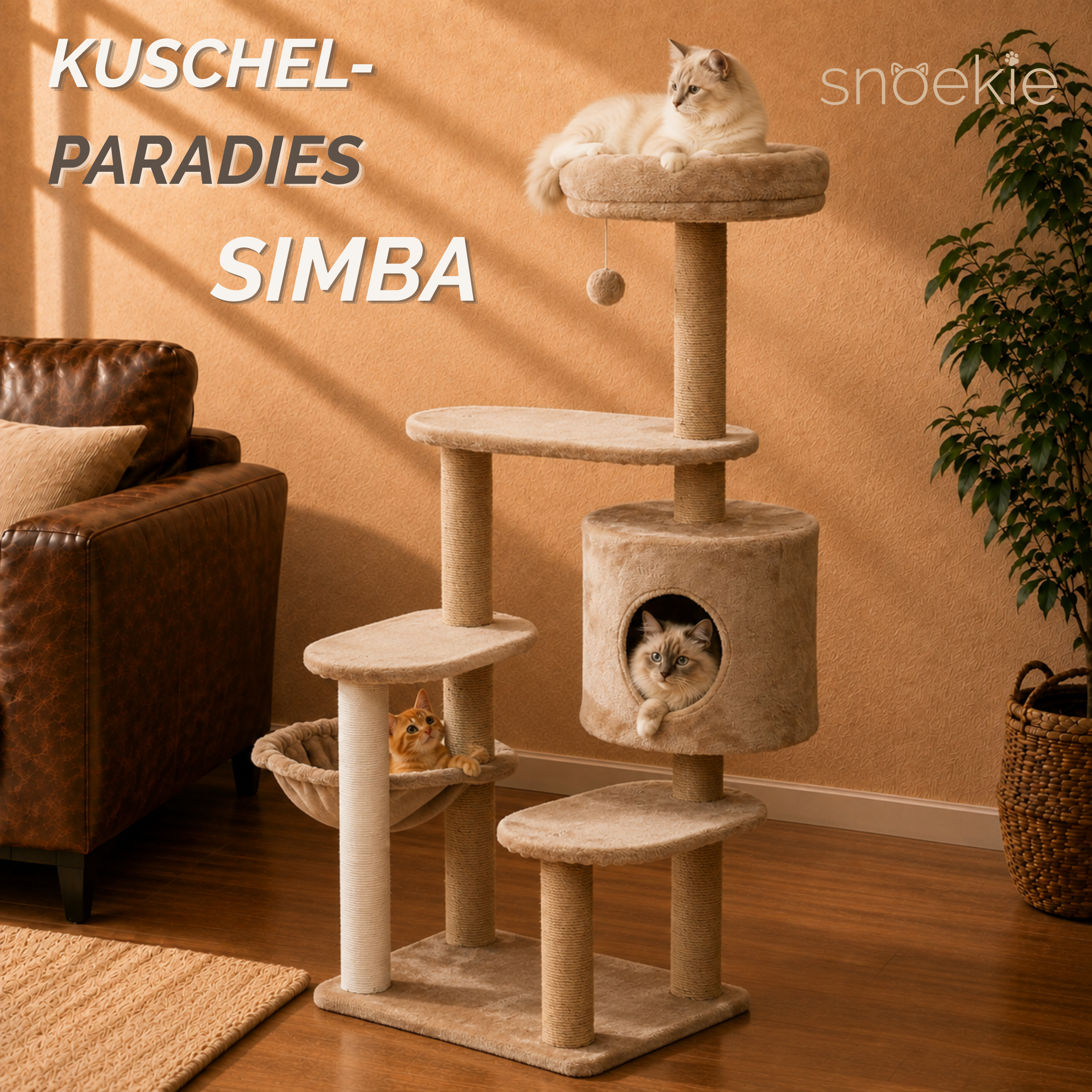 "Simba" - Vielseitiger Kratzbaum mit Kuschelhöhle und Hängemulde