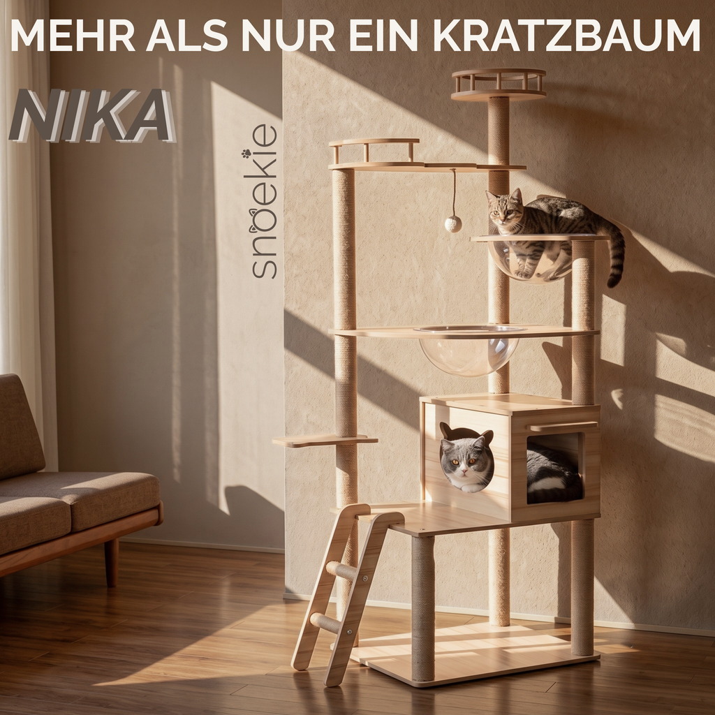 "Nika" - Kratzbaum mit Katzenhaus, Acryl-Körben & Kletterleiter