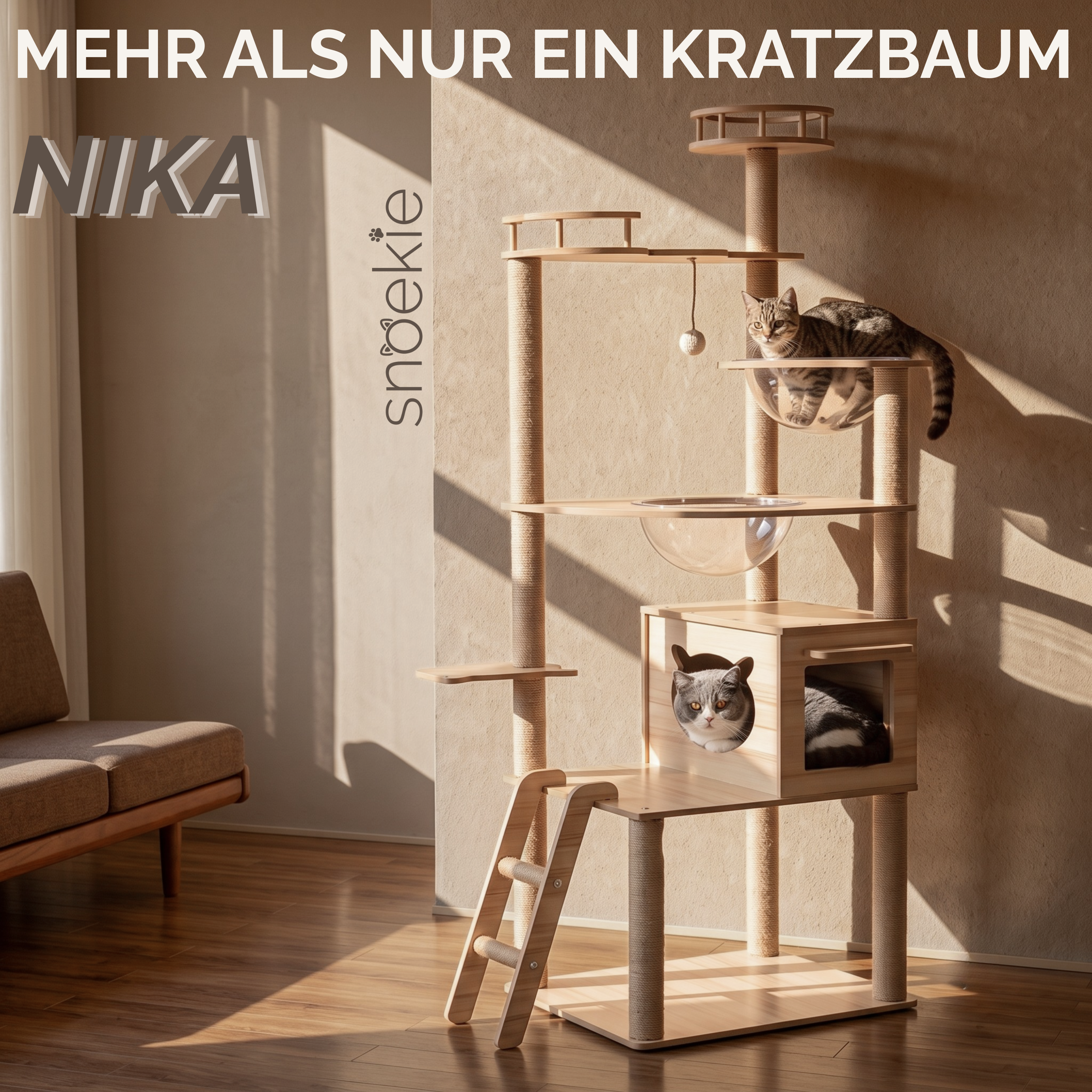 "Nika" - Kratzbaum mit Katzenhaus, Acryl-Körben & Kletterleiter