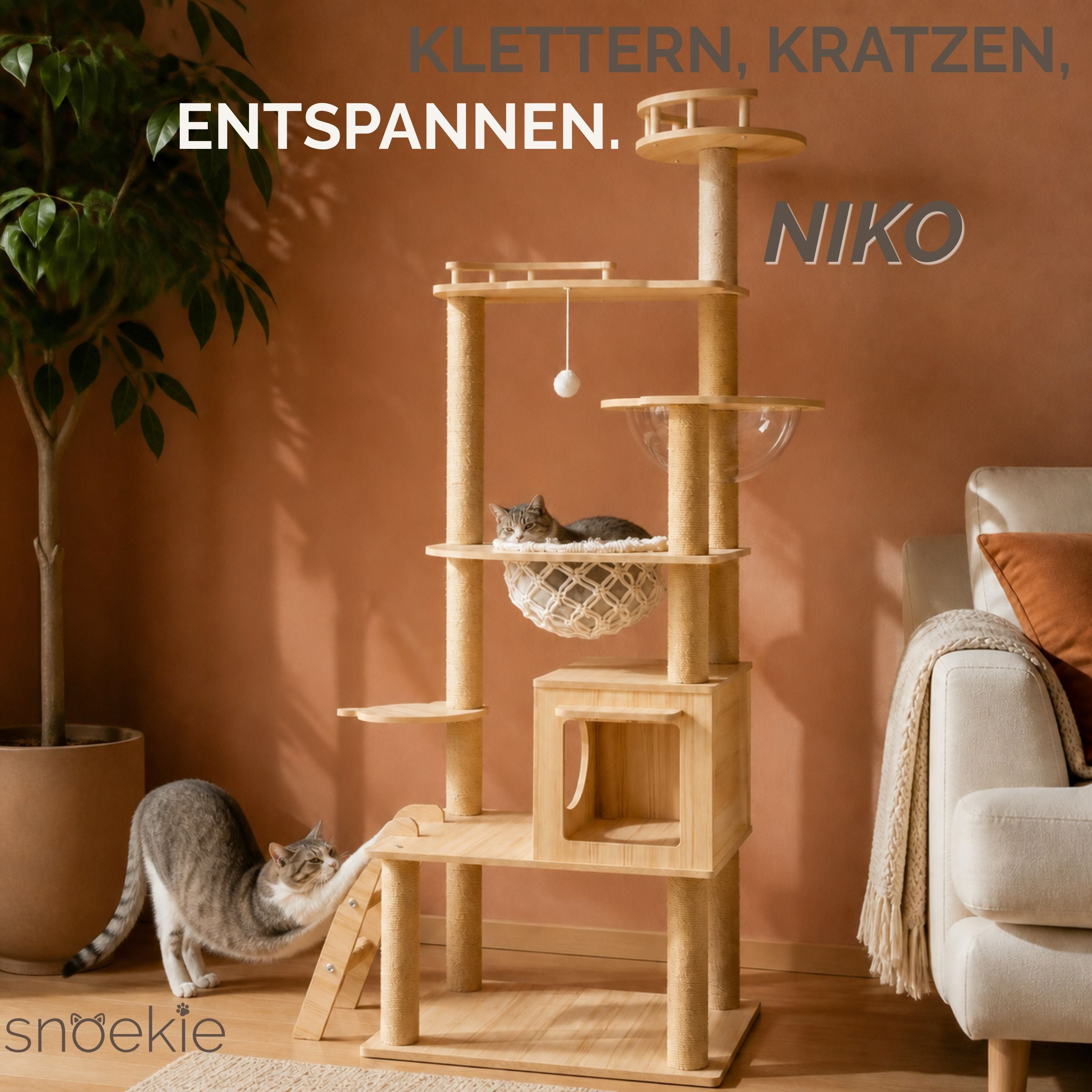 "Niko" - Kratzbaum mit Katzenhaus, Makramee & Acryl-Körben & Kletterleiter