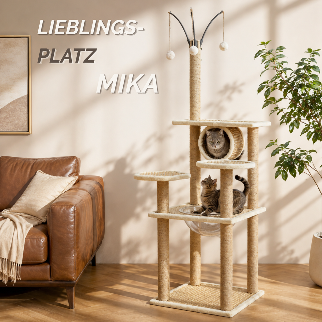 "Mika" - Kratzbaum mit transparenter Acryl-Liegemulde, Spielbällen & Tunnel