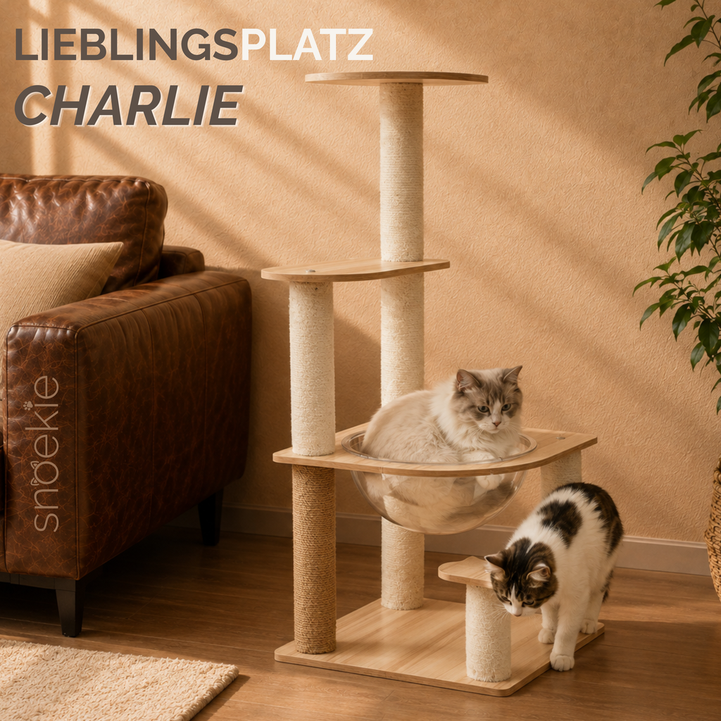 "Charlie" - Kompakter 4-Ebenen-Kratzbaum mit Acryl-Aussichtskorb