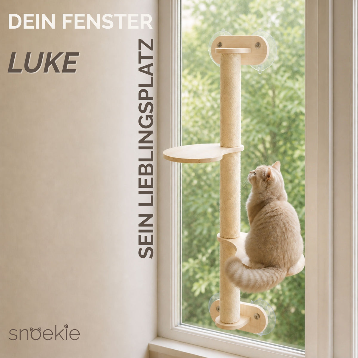 "Luke" - Fensterkratzbaum mit 2 Liegeflächen, aus Sisal & Kiefernholz – Saugnapfmontage ohne Bohren