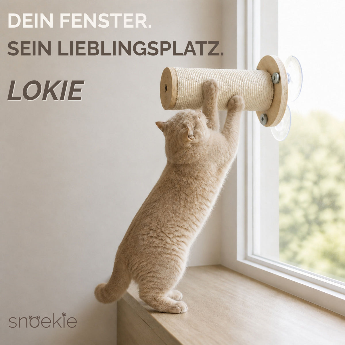 "Lokie" - Fenster-Kratzstamm für Katzen aus Sisal & Kiefernholz mit 3 großen Saugnäpfen