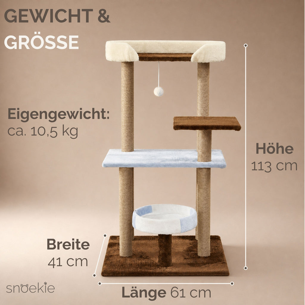 "Nala" - Mehr-Ebenen-Kratzbaum mit braunen & blauen Plüsch-Elementen