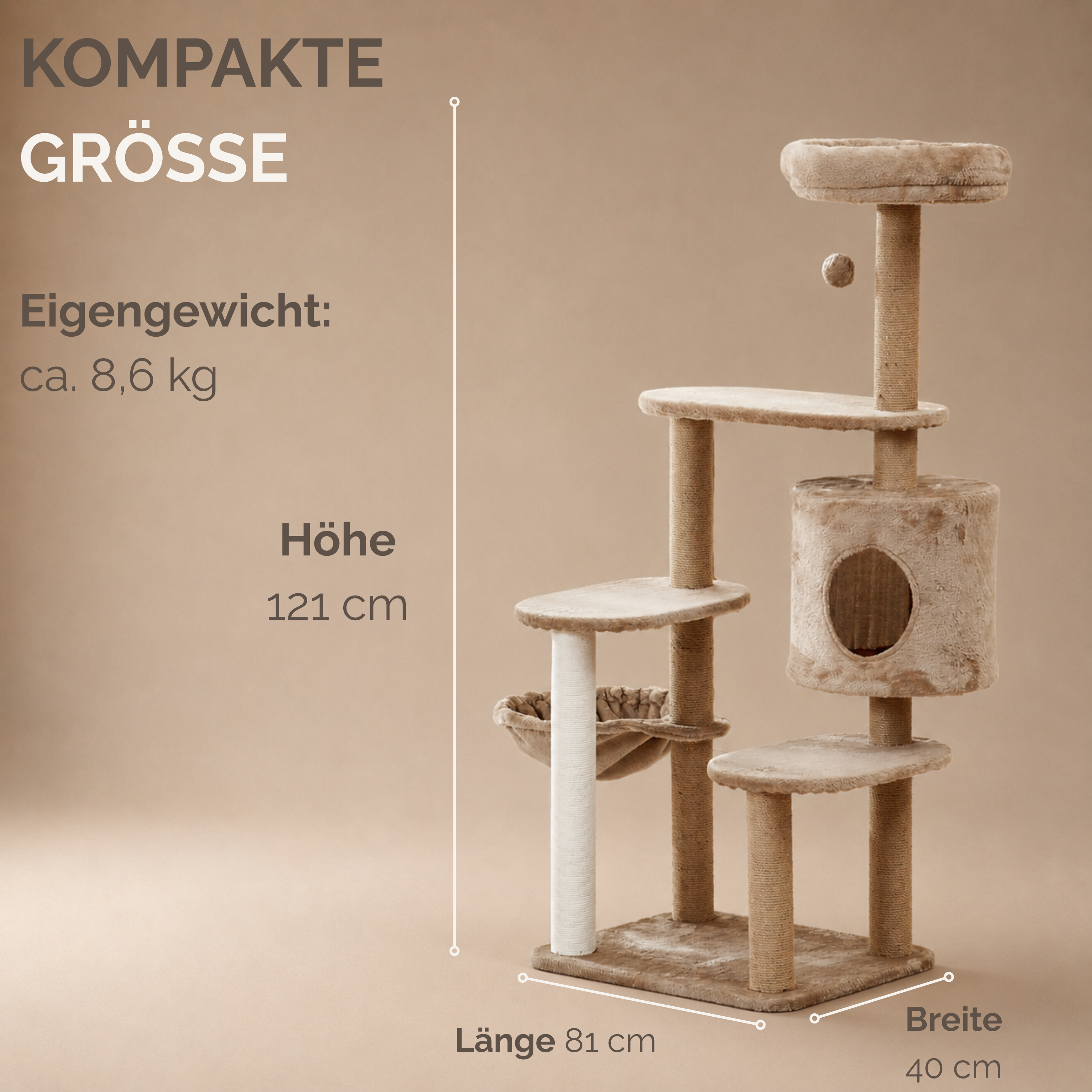 "Simba" - Vielseitiger Kratzbaum mit Kuschelhöhle und Hängemulde