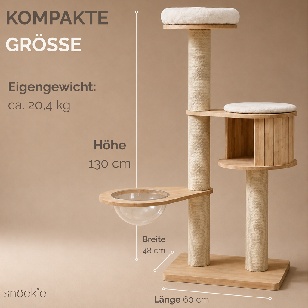 "Lola" - Kompakter, moderner Kratzbaum mit Acryl-Hängeschale und Holzkubus
