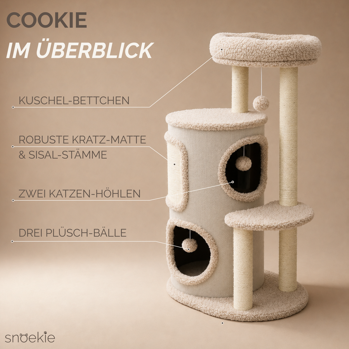 "Cookie" - Kratzbaum mit zwei Höhlen, Katzenbett & Plüschbälle