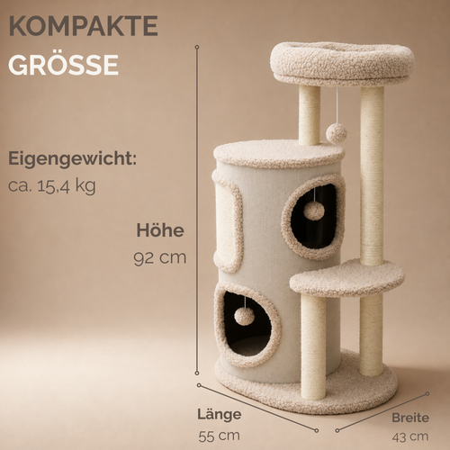 "Cookie" - Kratzbaum mit zwei Höhlen, Katzenbett & Plüschbälle