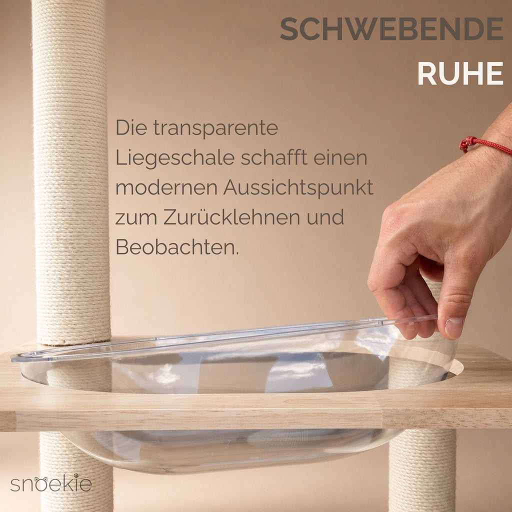 "Mia" - Katzenbaum mit transparenter Liegeschale, Kratzbrett & gepolsterter Liegefläche